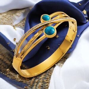 🆕️18K Gold Plated Turquoise & Zirconia Bangle Bracelet | Dainty Elegant & Chic✨